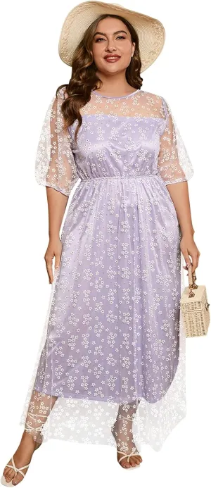 1/2 Sleeve Floral Embroidery Dress for Women Plus Size Embroidered Tulle Dress Mesh Wedding Guest Cocktail Party Long Dress