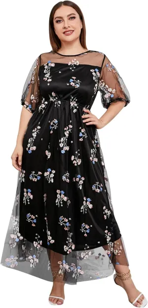 1/2 Sleeve Floral Embroidery Dress for Women Plus Size Embroidered Tulle Dress Mesh Wedding Guest Cocktail Party Long Dress