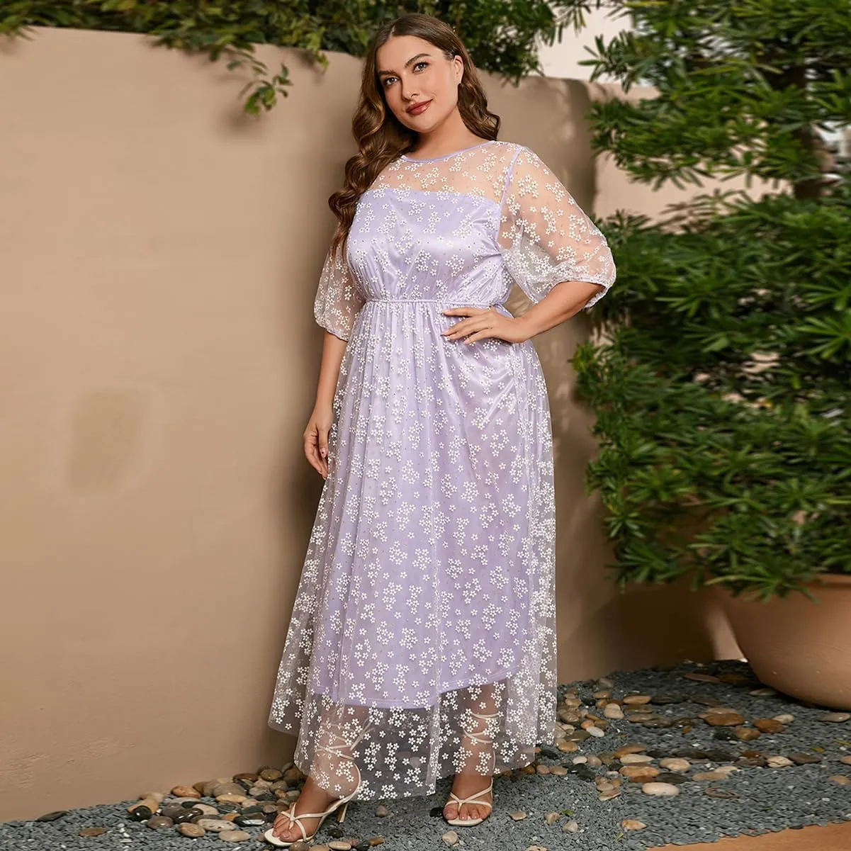 1/2 Sleeve Floral Embroidery Dress for Women Plus Size Embroidered Tulle Dress Mesh Wedding Guest Cocktail Party Long Dress
