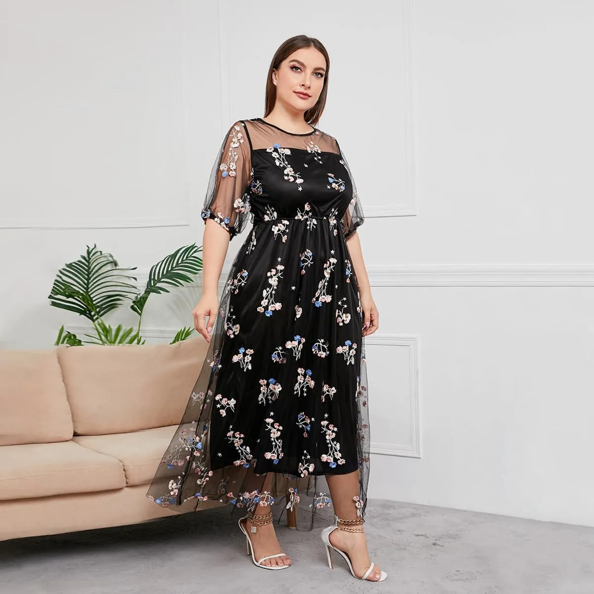 1/2 Sleeve Floral Embroidery Dress for Women Plus Size Embroidered Tulle Dress Mesh Wedding Guest Cocktail Party Long Dress