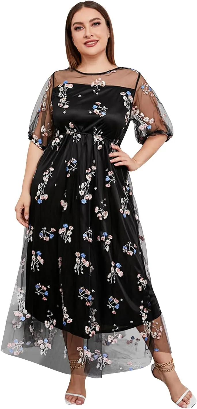 1/2 Sleeve Floral Embroidery Dress for Women Plus Size Embroidered Tulle Dress Mesh Wedding Guest Cocktail Party Long Dress