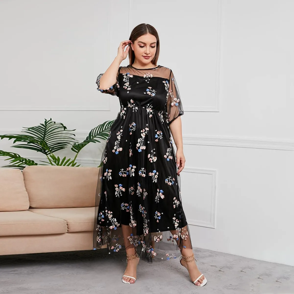 1/2 Sleeve Floral Embroidery Dress for Women Plus Size Embroidered Tulle Dress Mesh Wedding Guest Cocktail Party Long Dress
