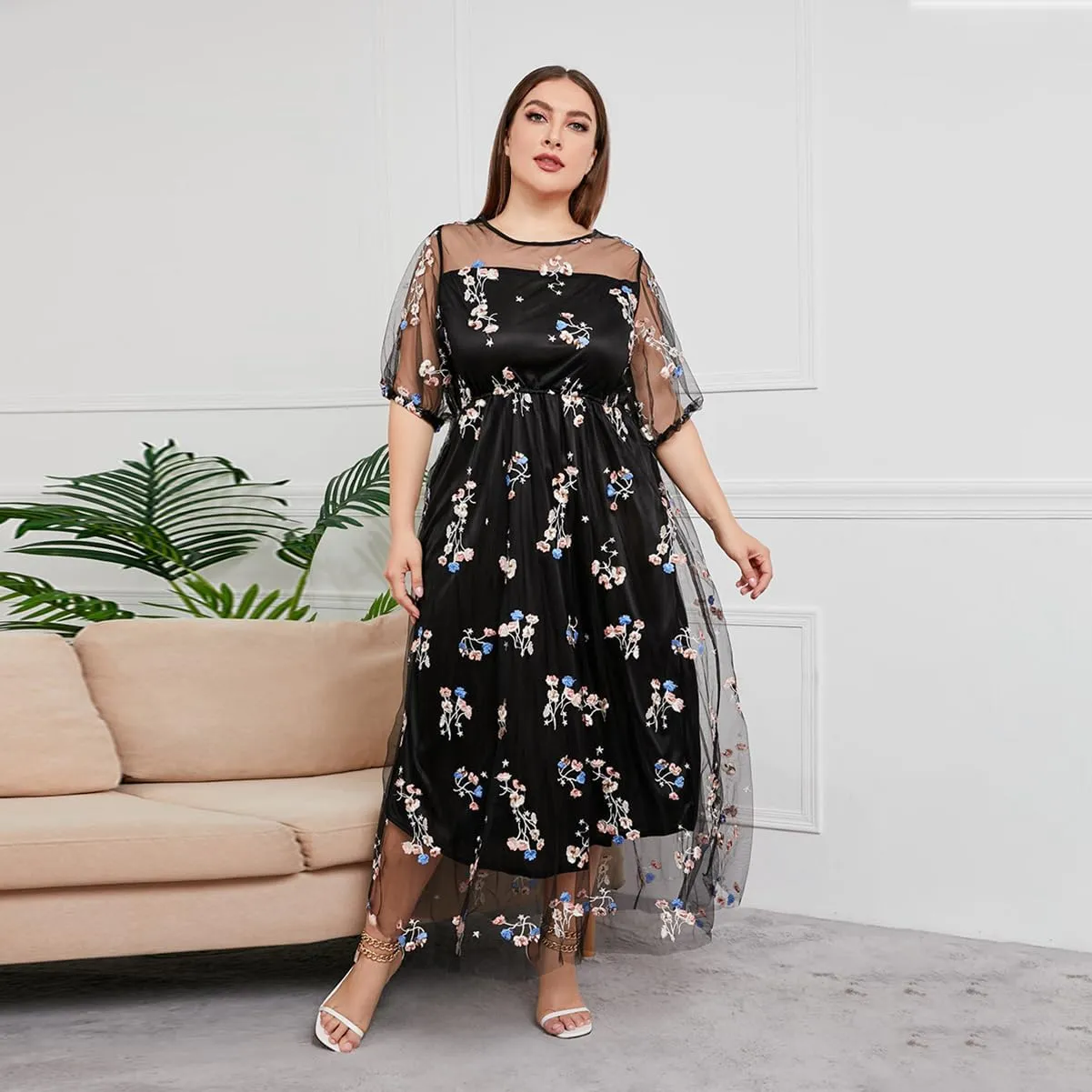 1/2 Sleeve Floral Embroidery Dress for Women Plus Size Embroidered Tulle Dress Mesh Wedding Guest Cocktail Party Long Dress