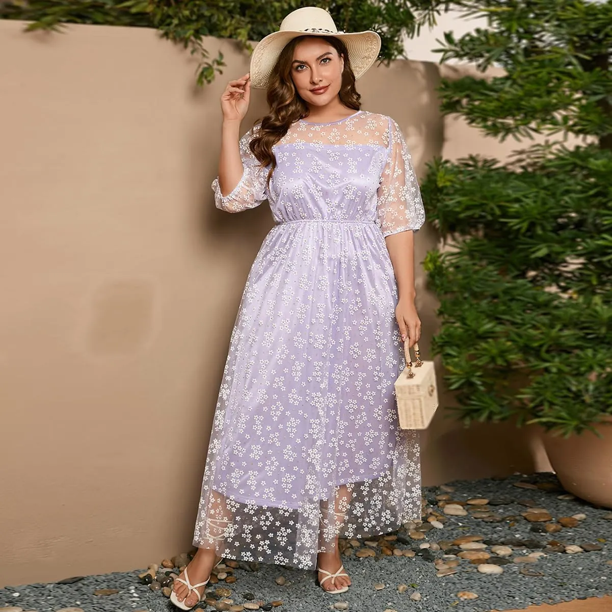 1/2 Sleeve Floral Embroidery Dress for Women Plus Size Embroidered Tulle Dress Mesh Wedding Guest Cocktail Party Long Dress