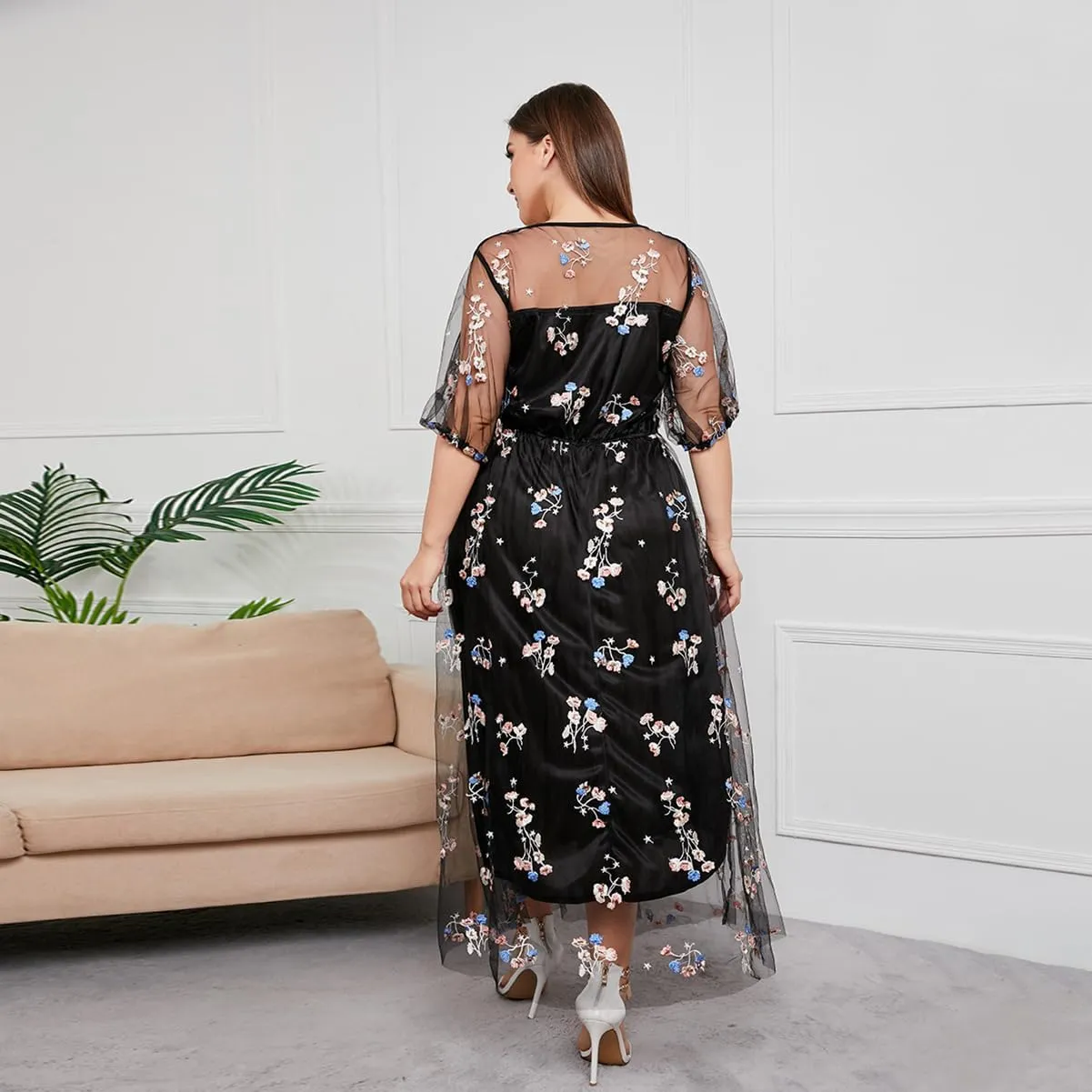 1/2 Sleeve Floral Embroidery Dress for Women Plus Size Embroidered Tulle Dress Mesh Wedding Guest Cocktail Party Long Dress