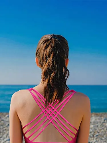 2 Pack Womens Padded Sports Bra Cross Back Bra Workout Strappy Bra Seamless Comfortable Yoga Bra (M, Black and Rose Red)