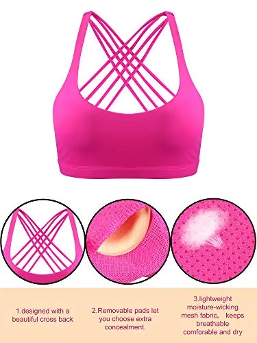 2 Pack Womens Padded Sports Bra Cross Back Bra Workout Strappy Bra Seamless Comfortable Yoga Bra (M, Black and Rose Red)