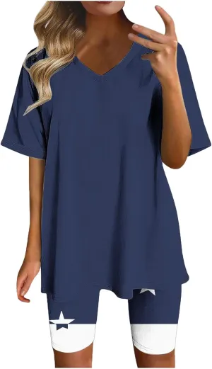 2 Piece Outfits For Women Summer V Neck T-Shirt Tops Biker Shorts Workout Sports Tracksuit Oversized Gym Lounge Sets