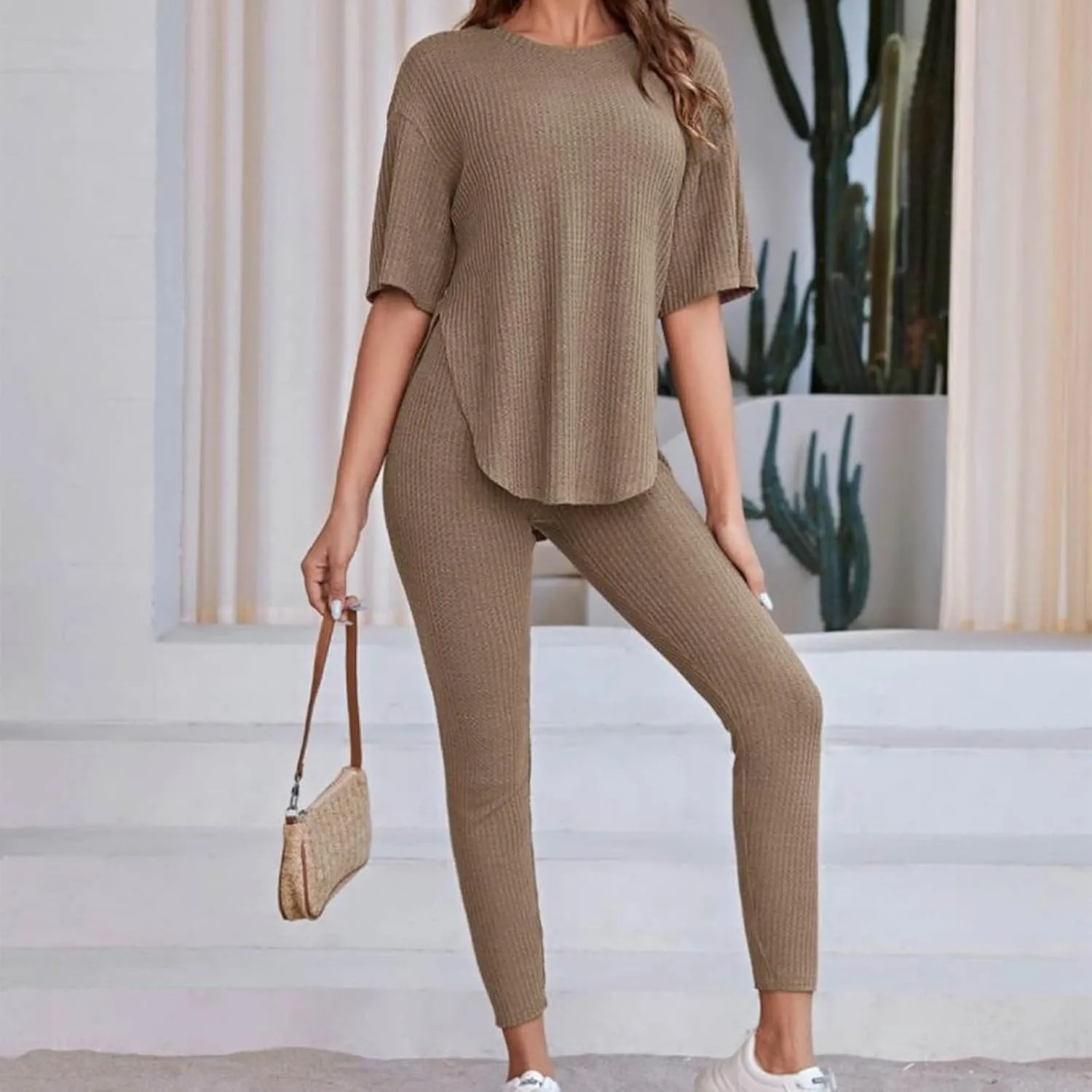 2 Piece Outfits Women Sweater Sets Lounge Sets Casual Short Sleeve Knit Pullover Tops Wide Leg Pants Trousers Sets