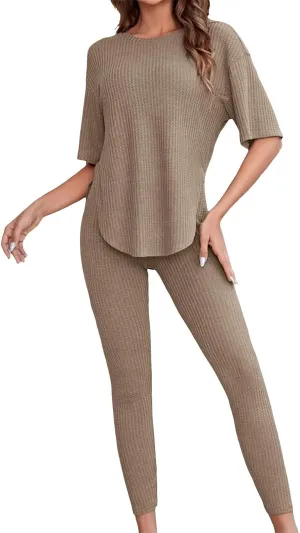 2 Piece Outfits Women Sweater Sets Lounge Sets Casual Short Sleeve Knit Pullover Tops Wide Leg Pants Trousers Sets