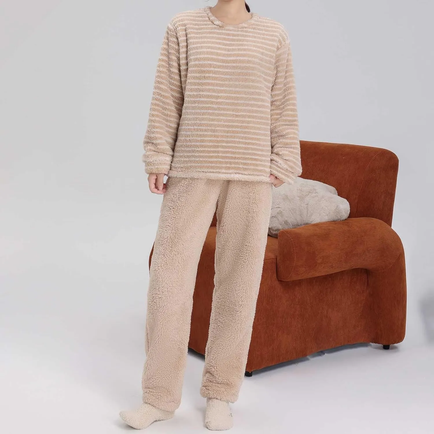 2 Piece Pajama Set for Women Fuzzy Fleece Pjs Warm Winter Pajamas Long Sleeve Pullover Tops and Lounge Pants Pj Sets