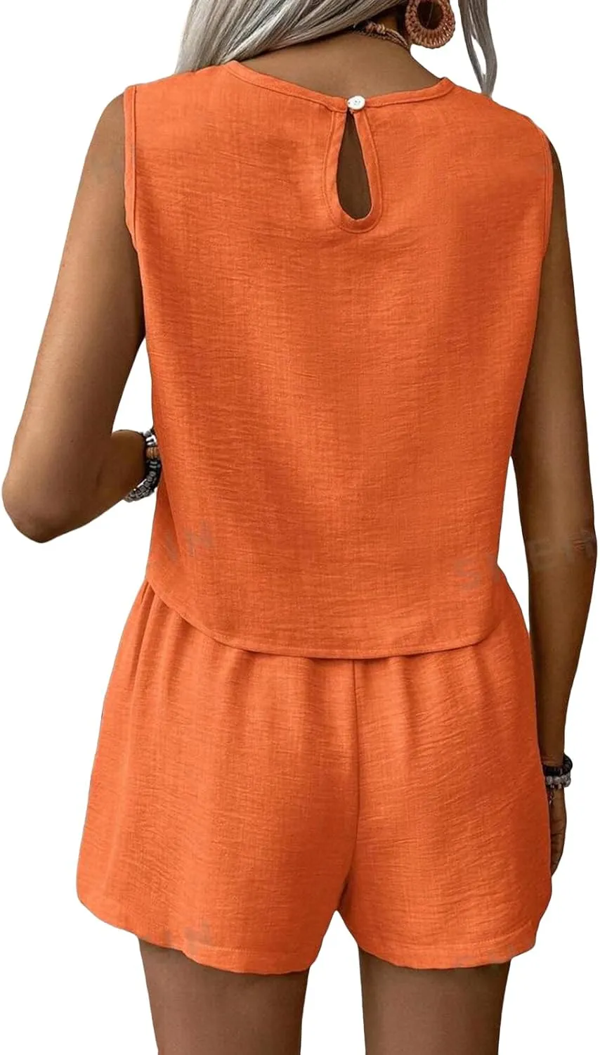 2 Piece Set Summer Outfit Sleeveless Tank Tops Shorts Solid Color Lounge Set Casual Lightweight Clothing 2025