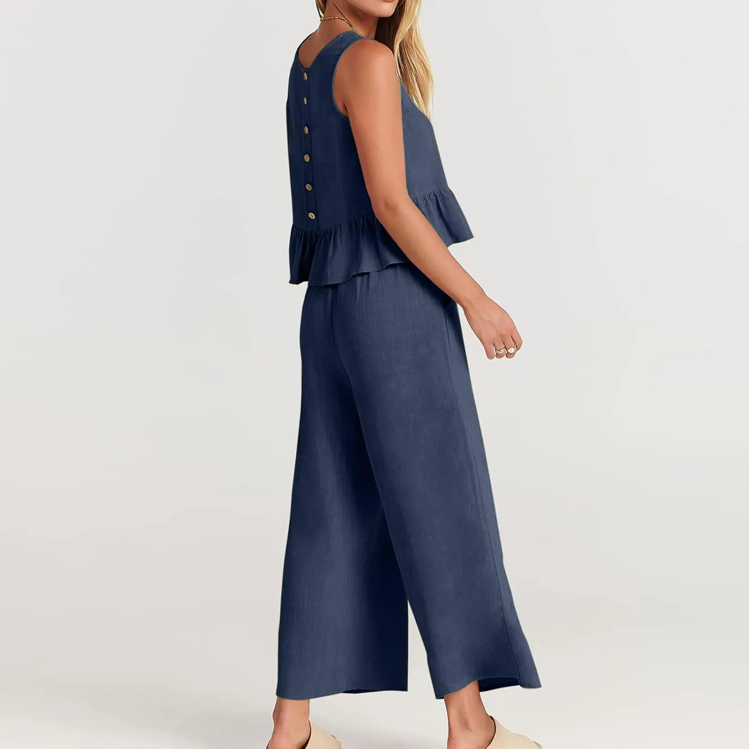 2 Piece Sets for Women Going Out Summer Outfits Linen Crop Tank Tops Lounge Matching Sets & Long Track Pants Tracksuits