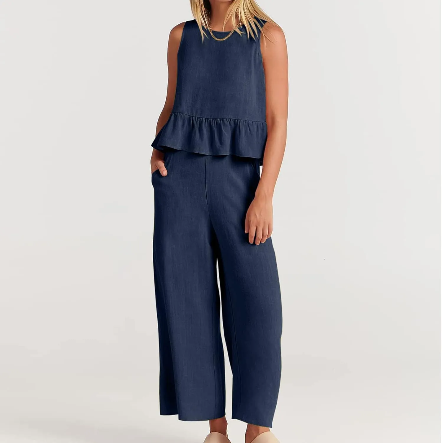 2 Piece Sets for Women Going Out Summer Outfits Linen Crop Tank Tops Lounge Matching Sets & Long Track Pants Tracksuits