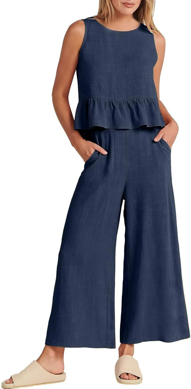 2 Piece Sets for Women Going Out Summer Outfits Linen Crop Tank Tops Lounge Matching Sets & Long Track Pants Tracksuits