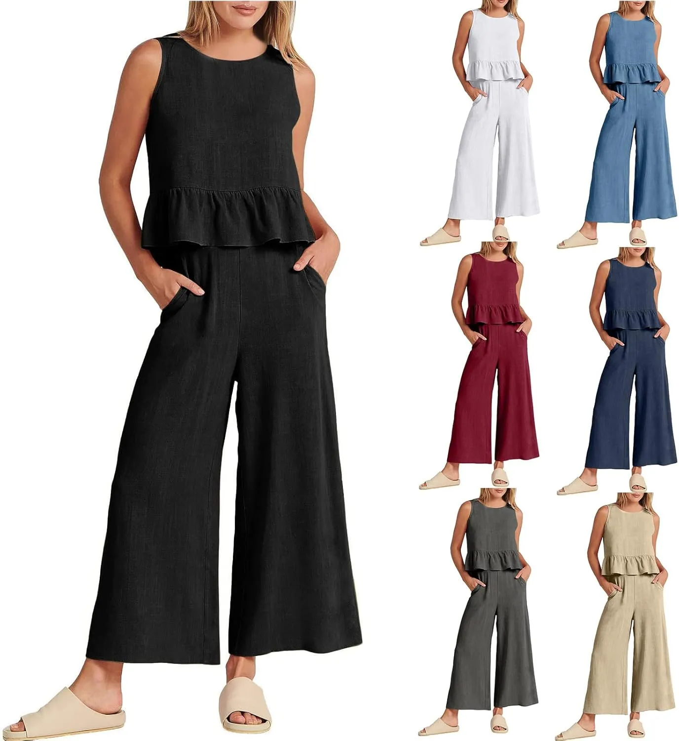 2 Piece Sets for Women Going Out Summer Outfits Linen Crop Tank Tops Lounge Matching Sets & Long Track Pants Tracksuits