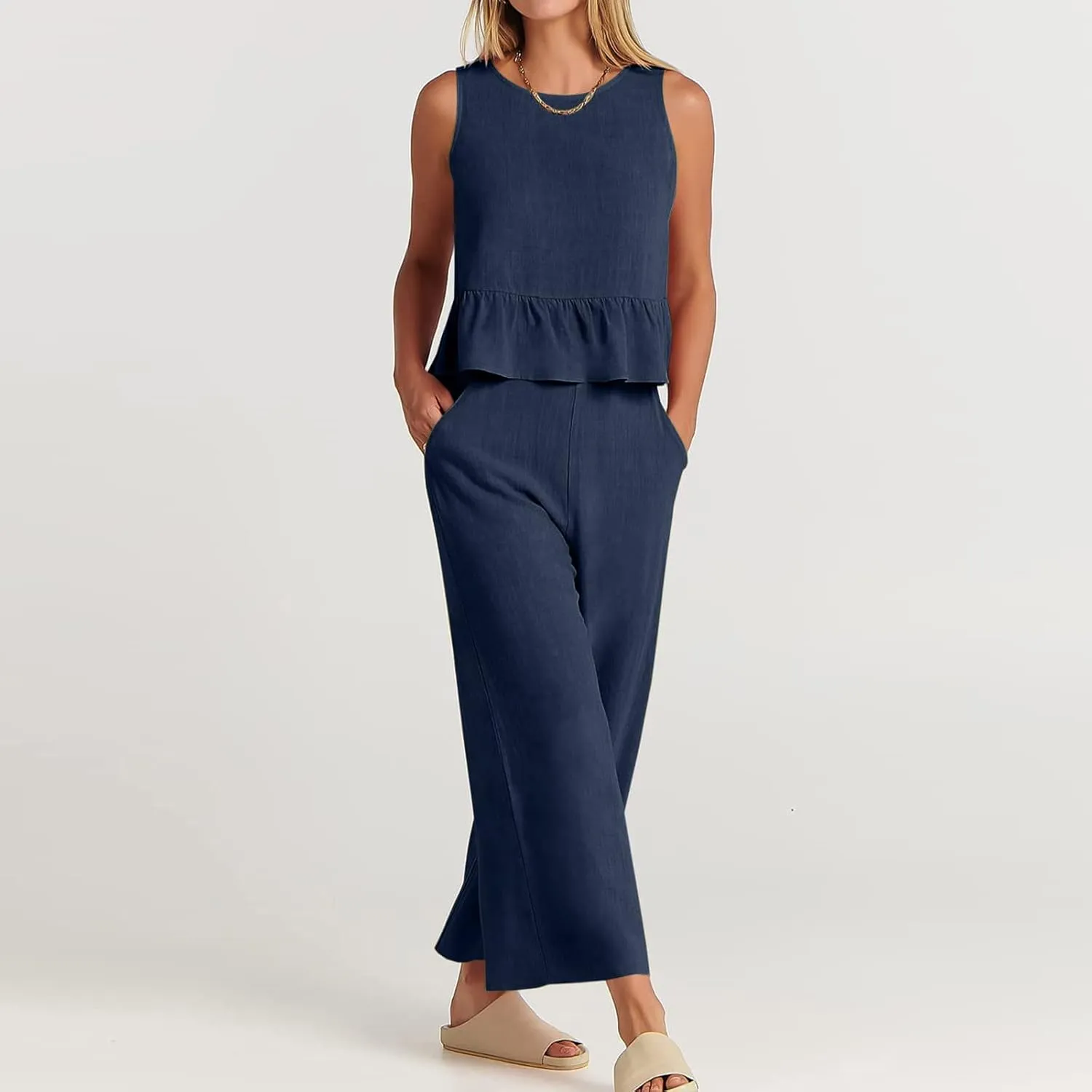 2 Piece Sets for Women Going Out Summer Outfits Linen Crop Tank Tops Lounge Matching Sets & Long Track Pants Tracksuits