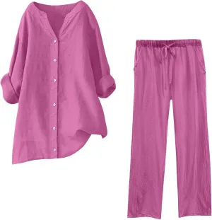 2 Piece Sets for Women Long Sleeve Button Up Shirts Straight Leg Pants Plus Size Dressy Casual Outfits with Pockets