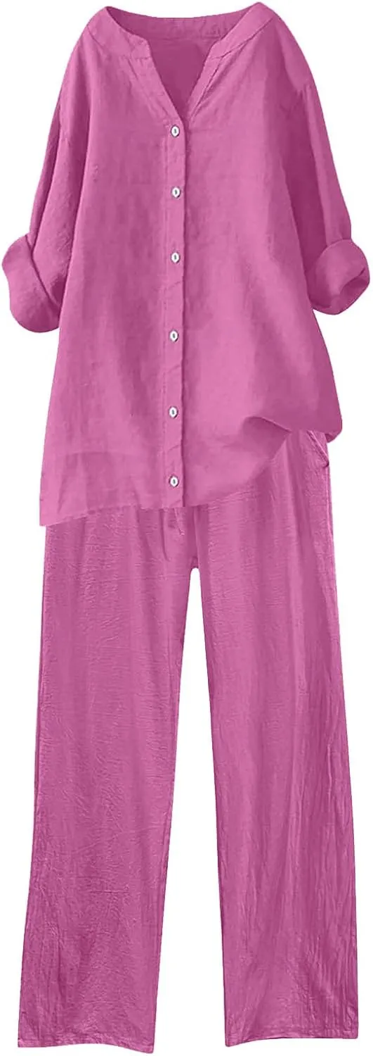 2 Piece Sets for Women Long Sleeve Button Up Shirts Straight Leg Pants Plus Size Dressy Casual Outfits with Pockets