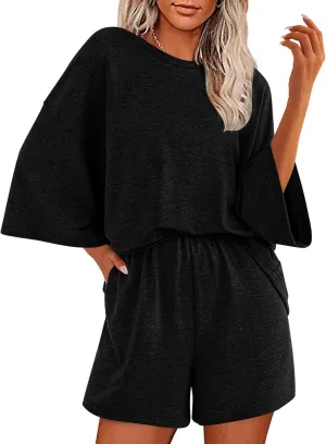2 Piece Sets for Women Summer Casual Half Sleeve Tee Shirt Elastic Waist Shorts with Pockets Soft Pajamas Set