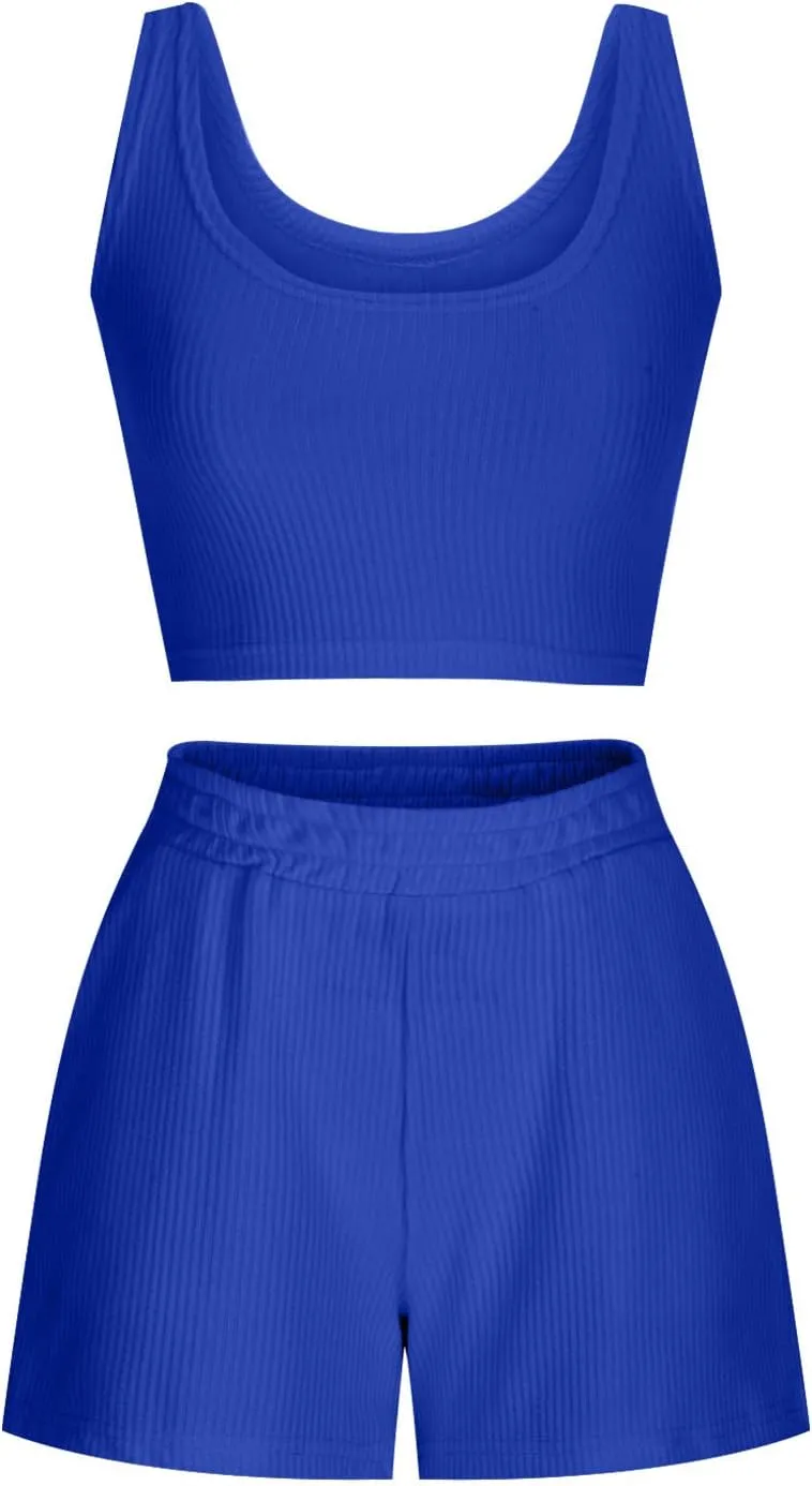 2 Piece Women Lounge Set Sleeveless Crop Top and Shorts Ribbed Knit Lounge Set Workout Tracksuits Sweatsuit for Summer