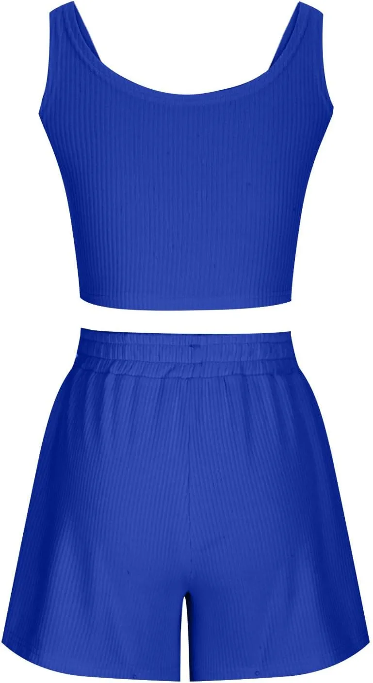 2 Piece Women Lounge Set Sleeveless Crop Top and Shorts Ribbed Knit Lounge Set Workout Tracksuits Sweatsuit for Summer