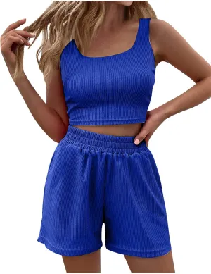 2 Piece Women Lounge Set Sleeveless Crop Top and Shorts Ribbed Knit Lounge Set Workout Tracksuits Sweatsuit for Summer