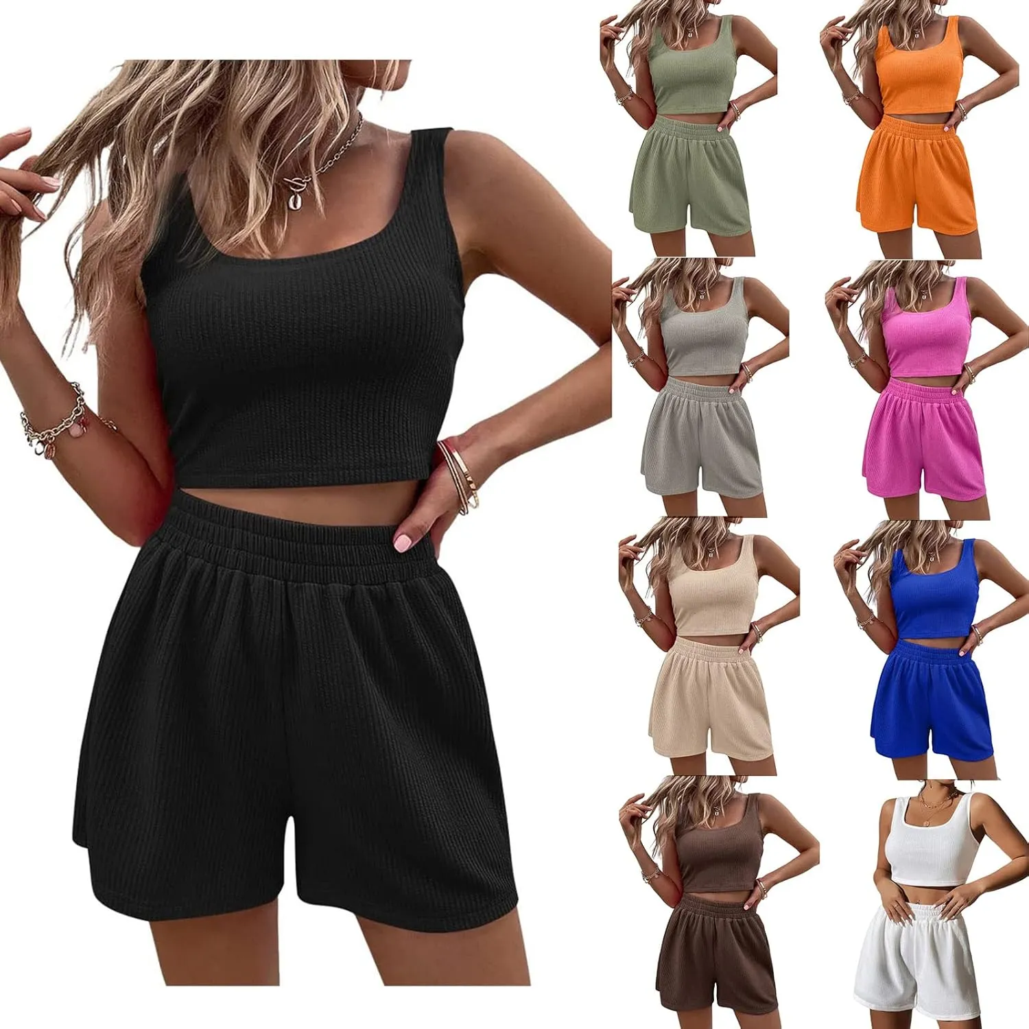 2 Piece Women Lounge Sets Ribbed Knit Sleeveless Crop Tank Tops High Waisted Shorts Sets 2 Piece Outfits
