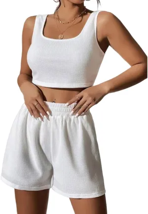 2 Piece Women Lounge Sets Ribbed Knit Sleeveless Crop Tank Tops High Waisted Shorts Sets 2 Piece Outfits