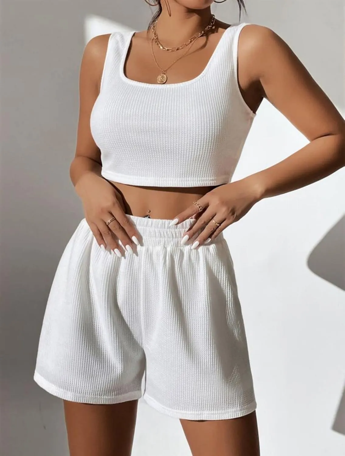 2 Piece Women Lounge Sets Ribbed Knit Sleeveless Crop Tank Tops High Waisted Shorts Sets 2 Piece Outfits