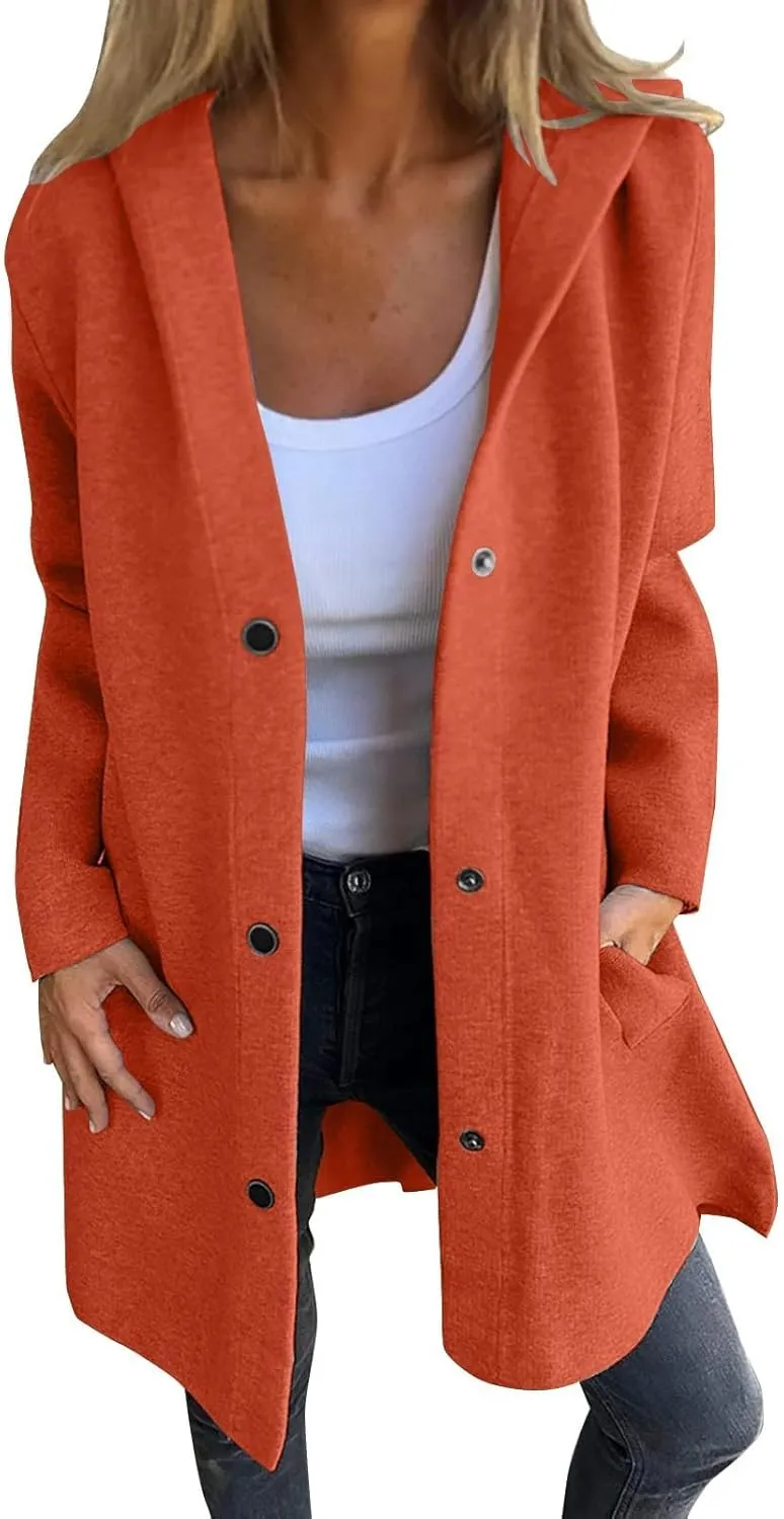 2024 Women Fall Winter Wool Coats Mid Peacoat Fashion Casual Oversized Buttons Hooded Jacket Trendy Outfit Plus Size