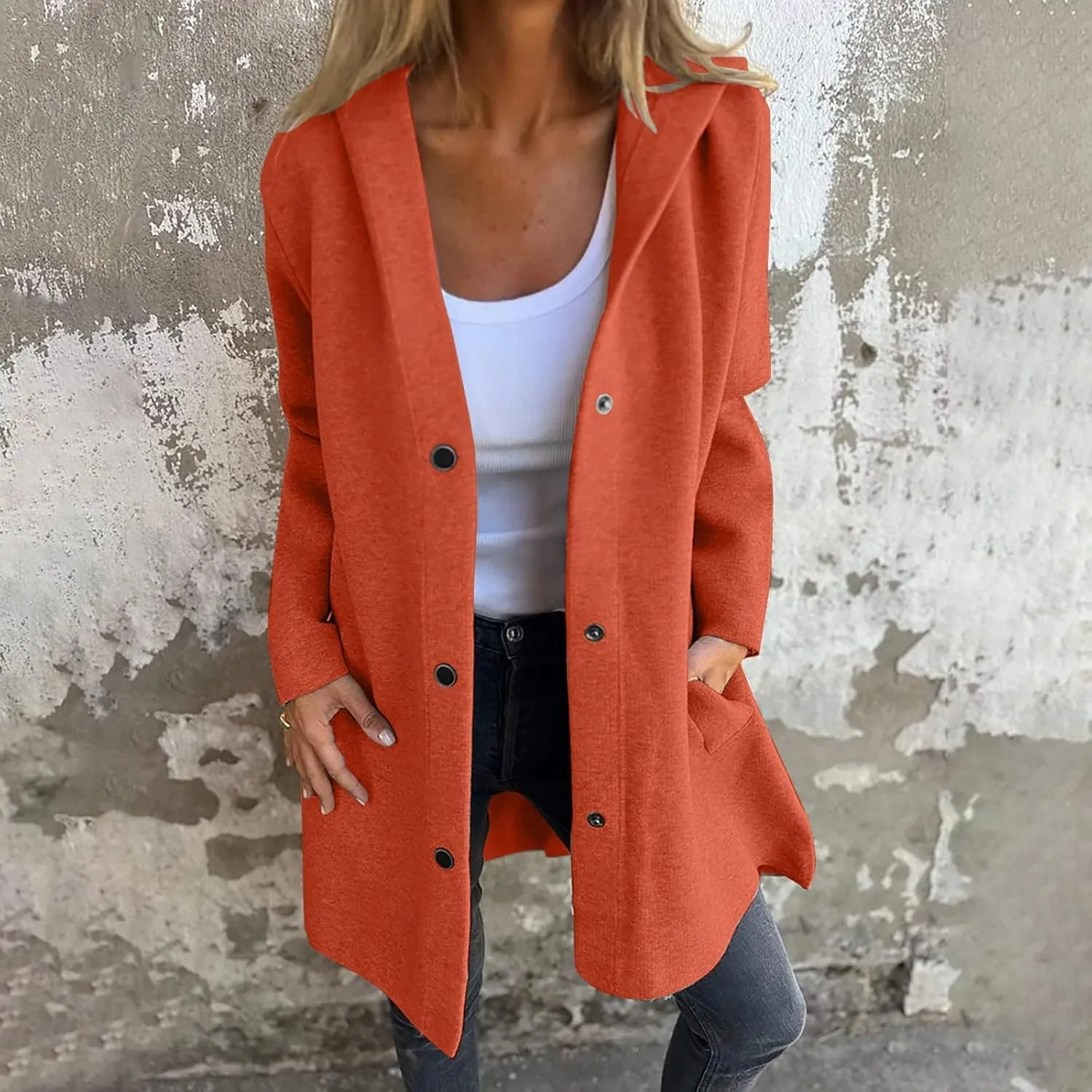 2024 Women Fall Winter Wool Coats Mid Peacoat Fashion Casual Oversized Buttons Hooded Jacket Trendy Outfit Plus Size
