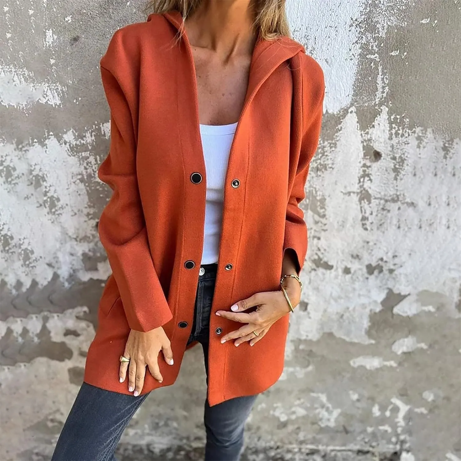 2024 Women Fall Winter Wool Coats Mid Peacoat Fashion Casual Oversized Buttons Hooded Jacket Trendy Outfit Plus Size