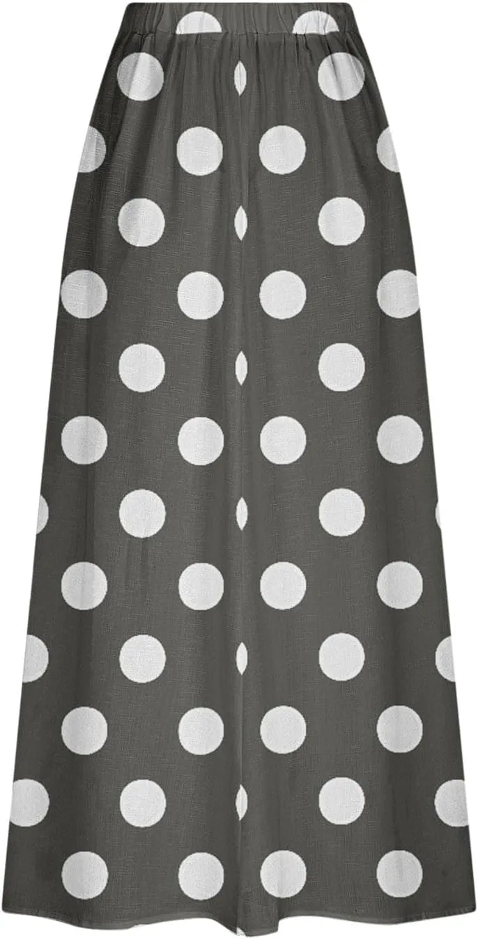 2025 Hot Womens Ploka Dot Maxi Skirts Loose Fit Casual Skirt Elastic Waist A-Line Swing Ankle Skirts with Pockets