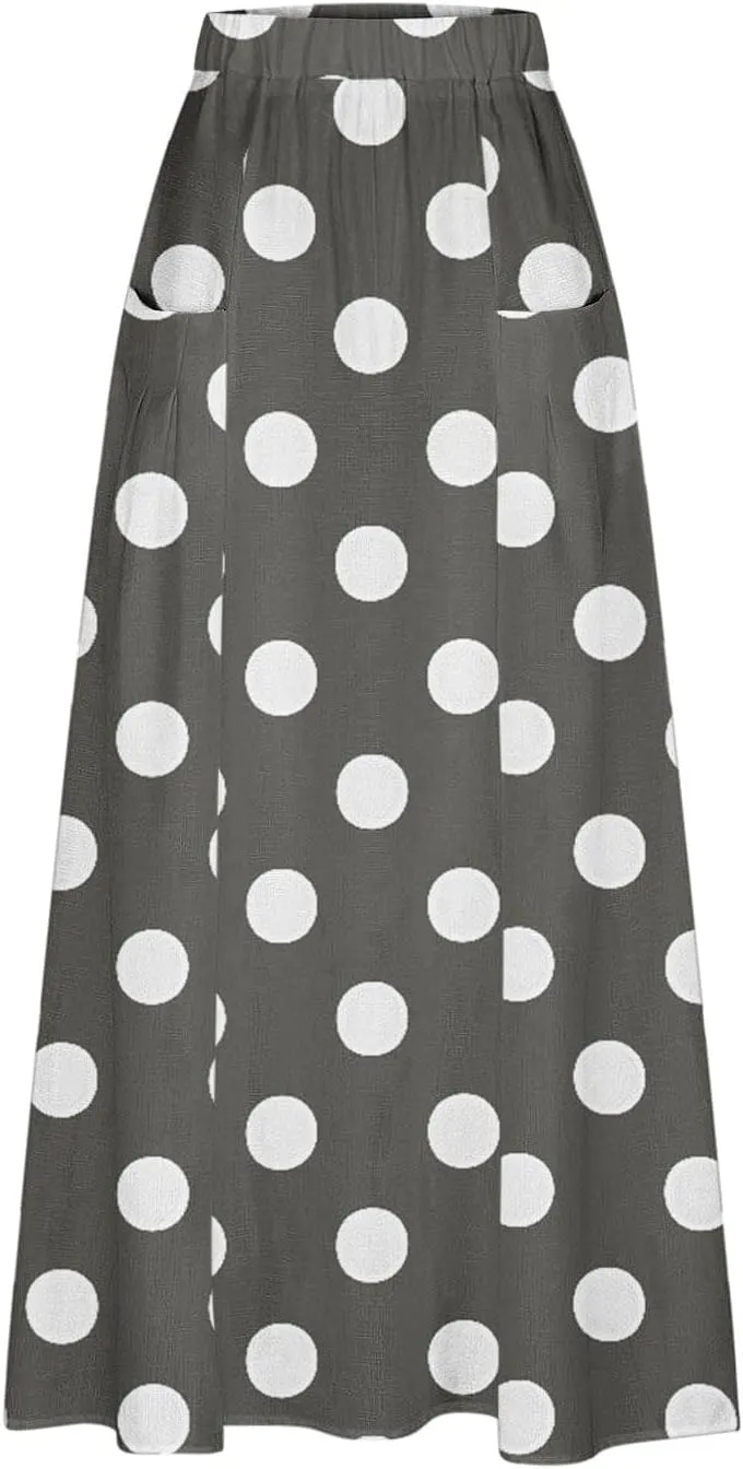 2025 Hot Womens Ploka Dot Maxi Skirts Loose Fit Casual Skirt Elastic Waist A-Line Swing Ankle Skirts with Pockets