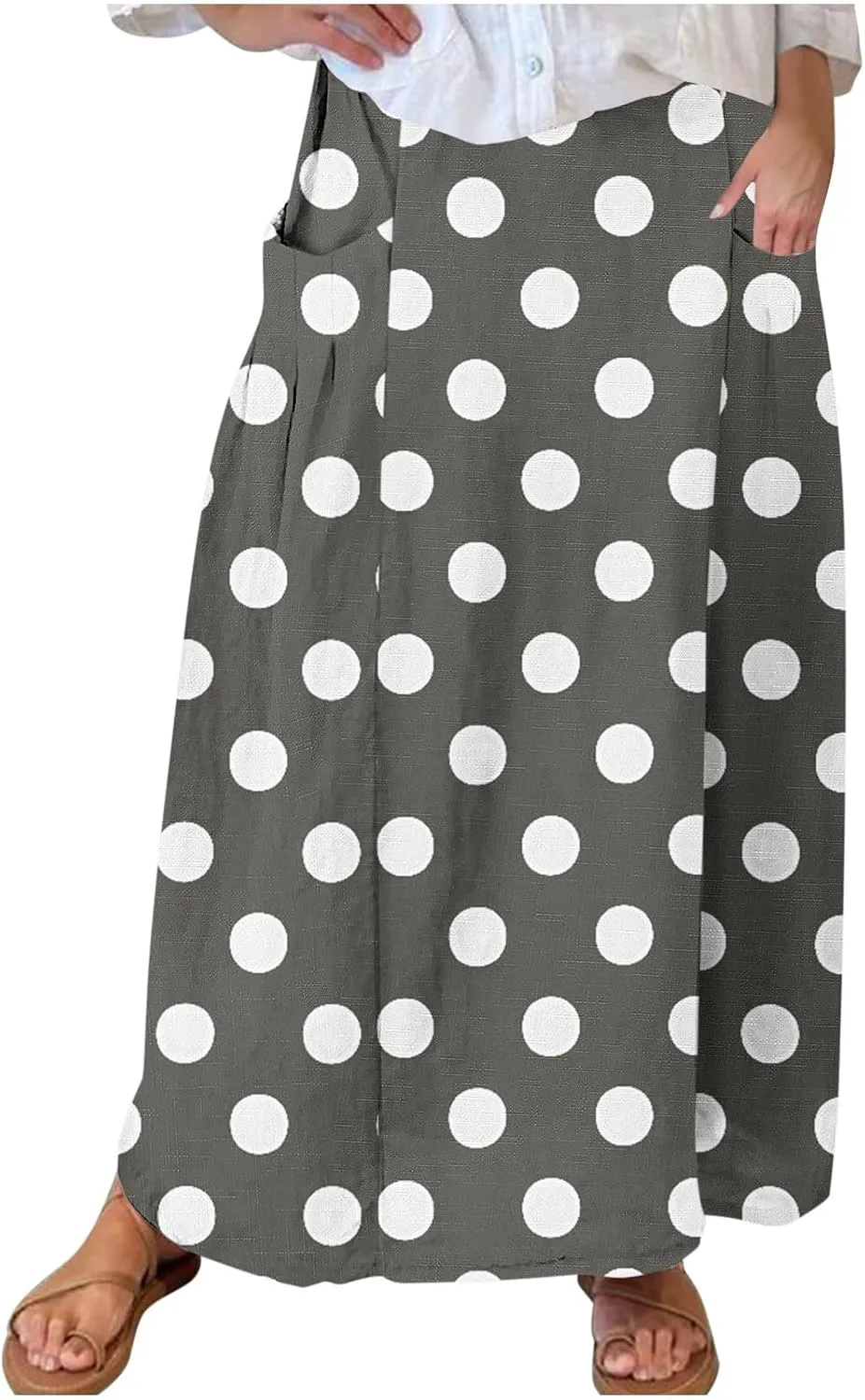 2025 Hot Womens Ploka Dot Maxi Skirts Loose Fit Casual Skirt Elastic Waist A-Line Swing Ankle Skirts with Pockets