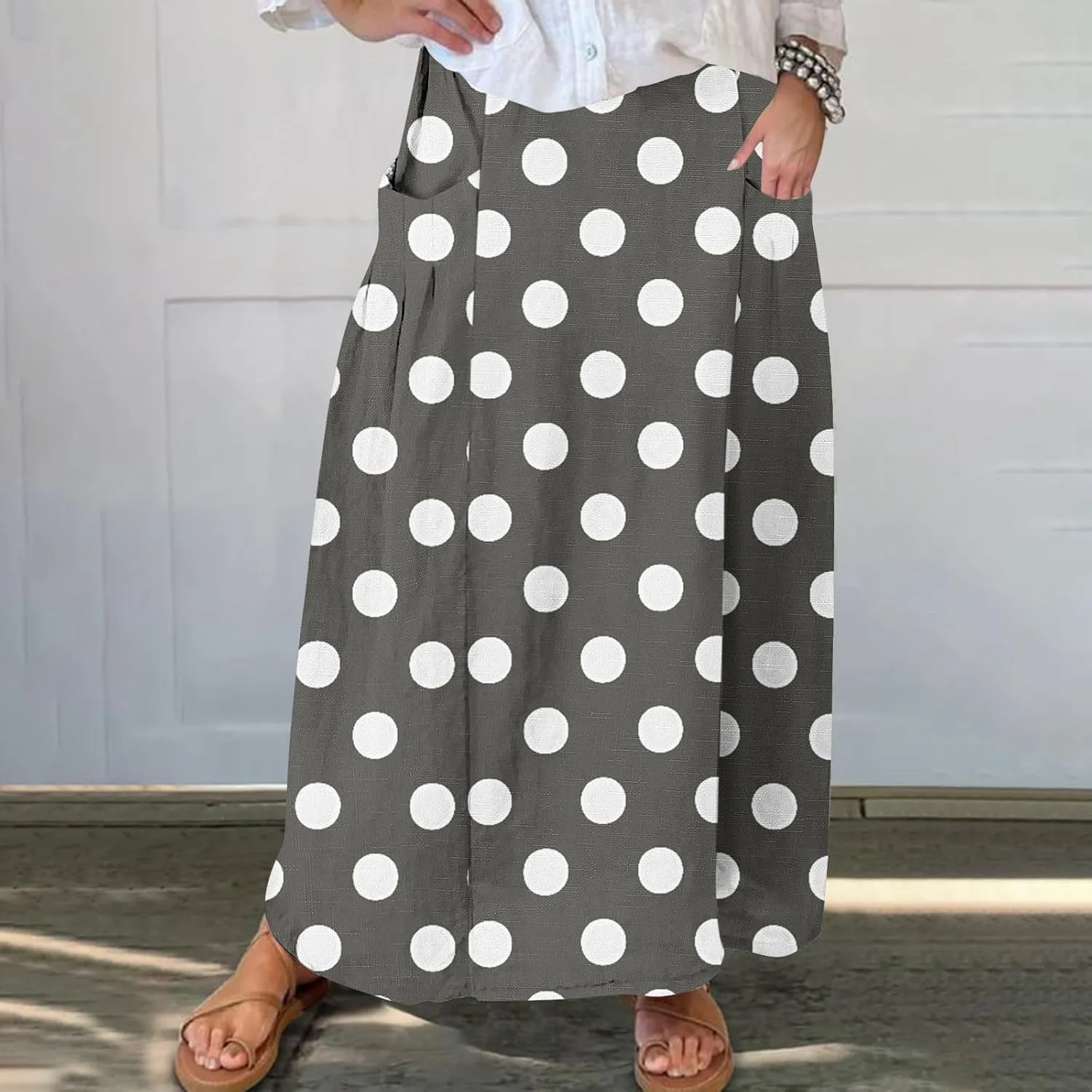 2025 Hot Womens Ploka Dot Maxi Skirts Loose Fit Casual Skirt Elastic Waist A-Line Swing Ankle Skirts with Pockets