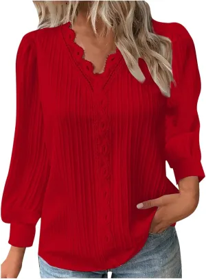 2025 Puff Sleeve Shirts for Women Embroidery Long Sleeve Summer Trendy V Neck Plain Lace Tops Color Block Vcation