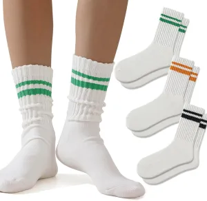 3-6Pairs Cushioned Crew Socks Retro Striped Socks Women Mid Calf RibTube Socks