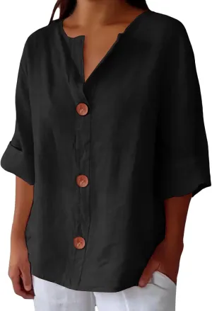 3/4 Sleeve Linen Shirts for Women Button V Neck Cotton Blouses Dressy Casual Solid Henley Shirts Loose Fit Summer Tops