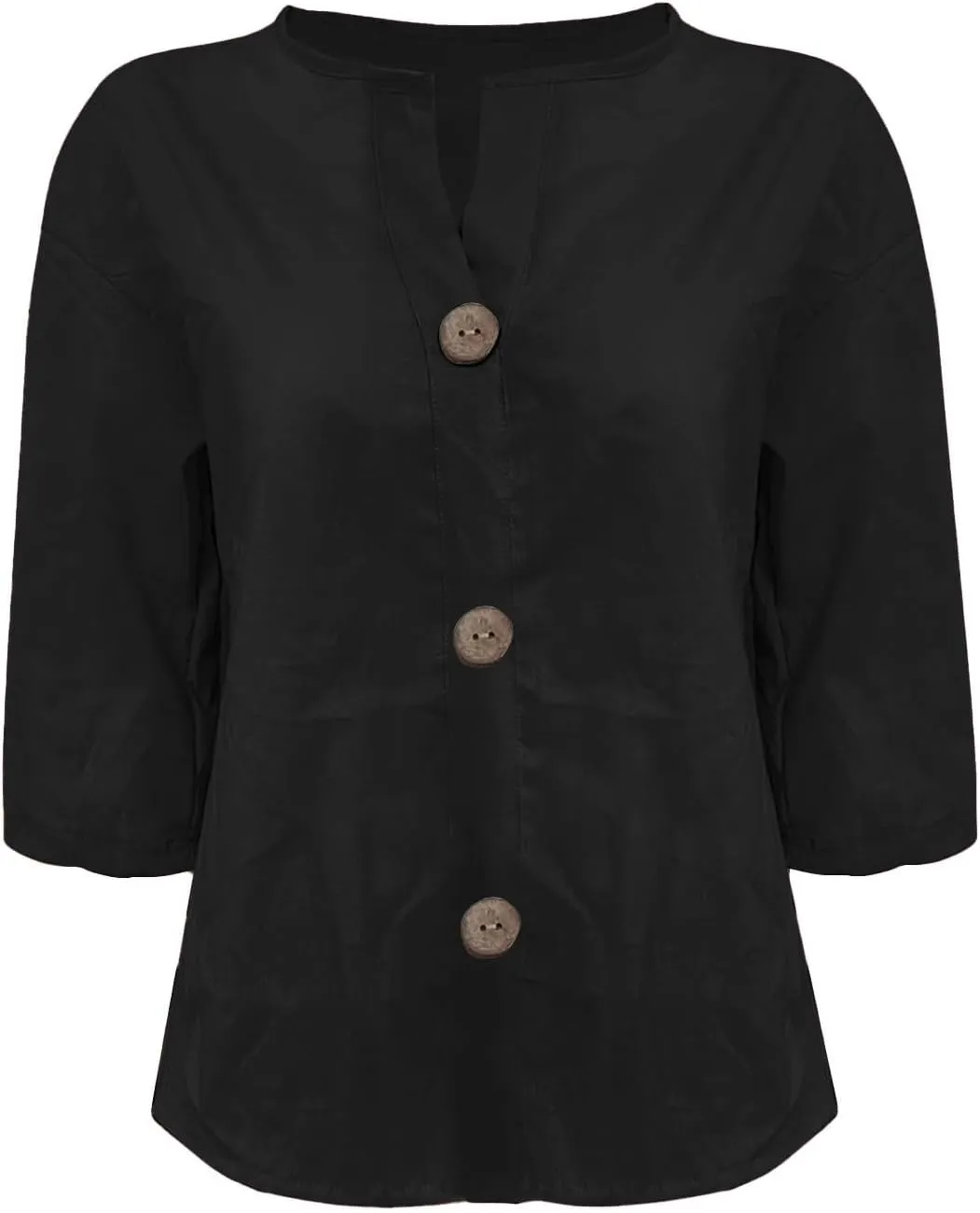 3/4 Sleeve Linen Shirts for Women Button V Neck Cotton Blouses Dressy Casual Solid Henley Shirts Loose Fit Summer Tops