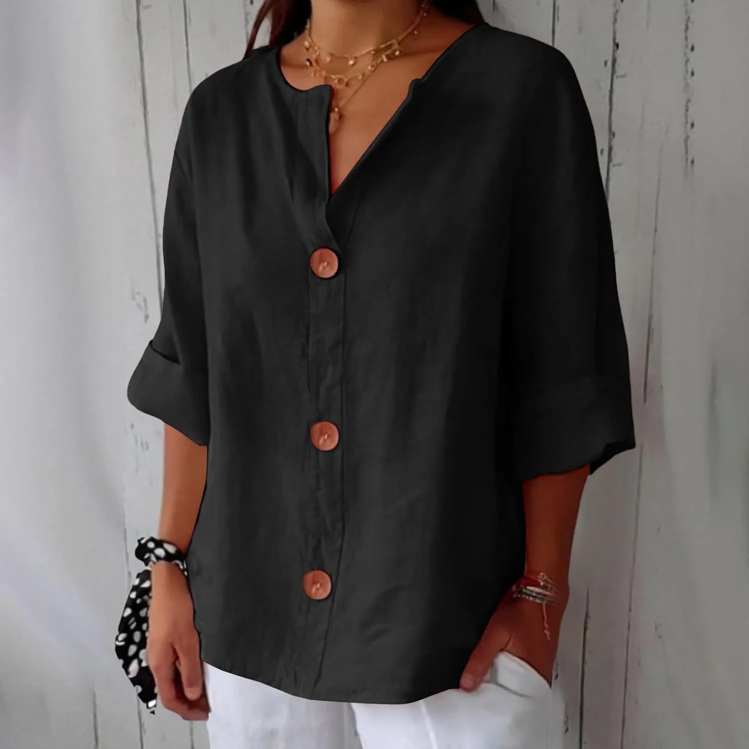 3/4 Sleeve Linen Shirts for Women Button V Neck Cotton Blouses Dressy Casual Solid Henley Shirts Loose Fit Summer Tops