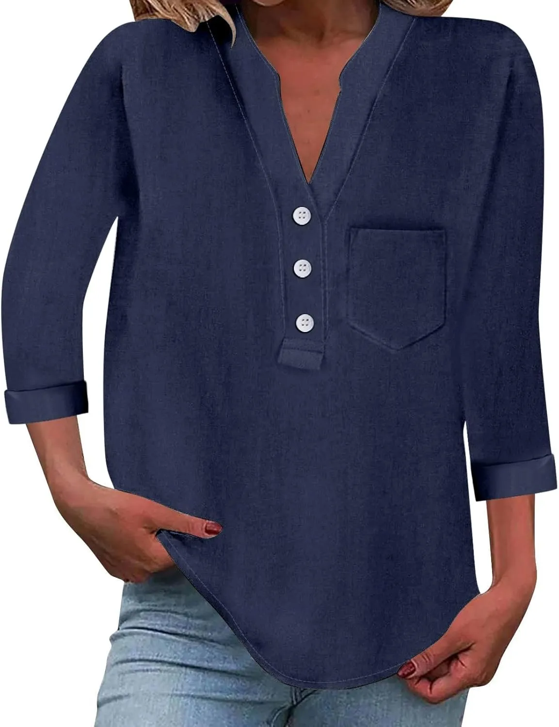 3/4 Sleeve Linen Tops for Women Loose Fit V Neck Button Down Henley Shirts Cute Summer Beach Tee Shirts with Pocket