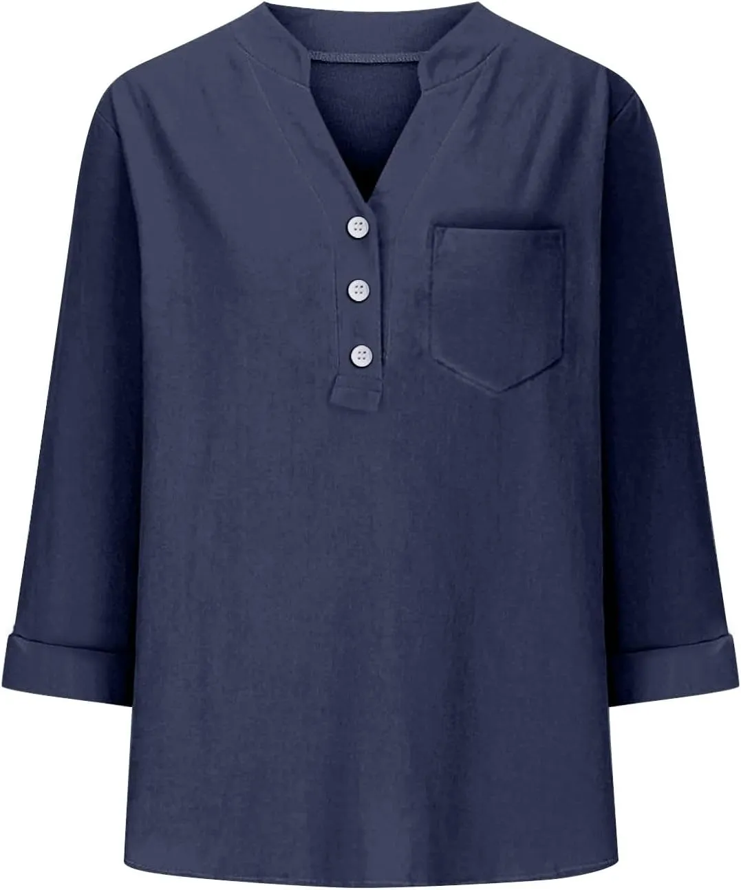 3/4 Sleeve Linen Tops for Women Loose Fit V Neck Button Down Henley Shirts Cute Summer Beach Tee Shirts with Pocket