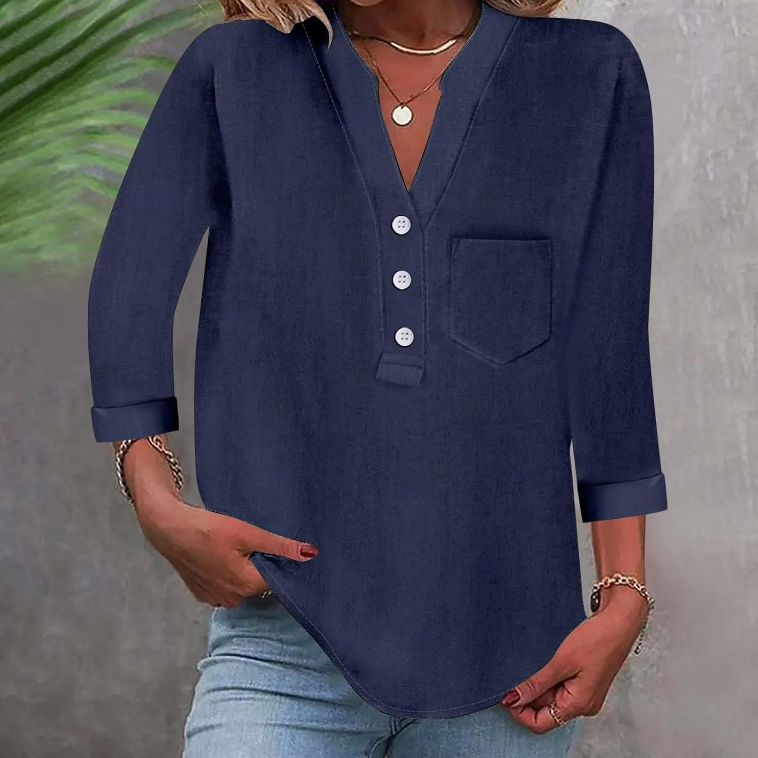 3/4 Sleeve Linen Tops for Women Loose Fit V Neck Button Down Henley Shirts Cute Summer Beach Tee Shirts with Pocket