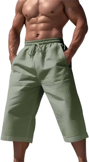 3/4 Summer Wide Leg Linen Capri Pants for Men Loose Fit Elastic Waist Drawstring Baggy Beach Yoga Harem Long Shorts