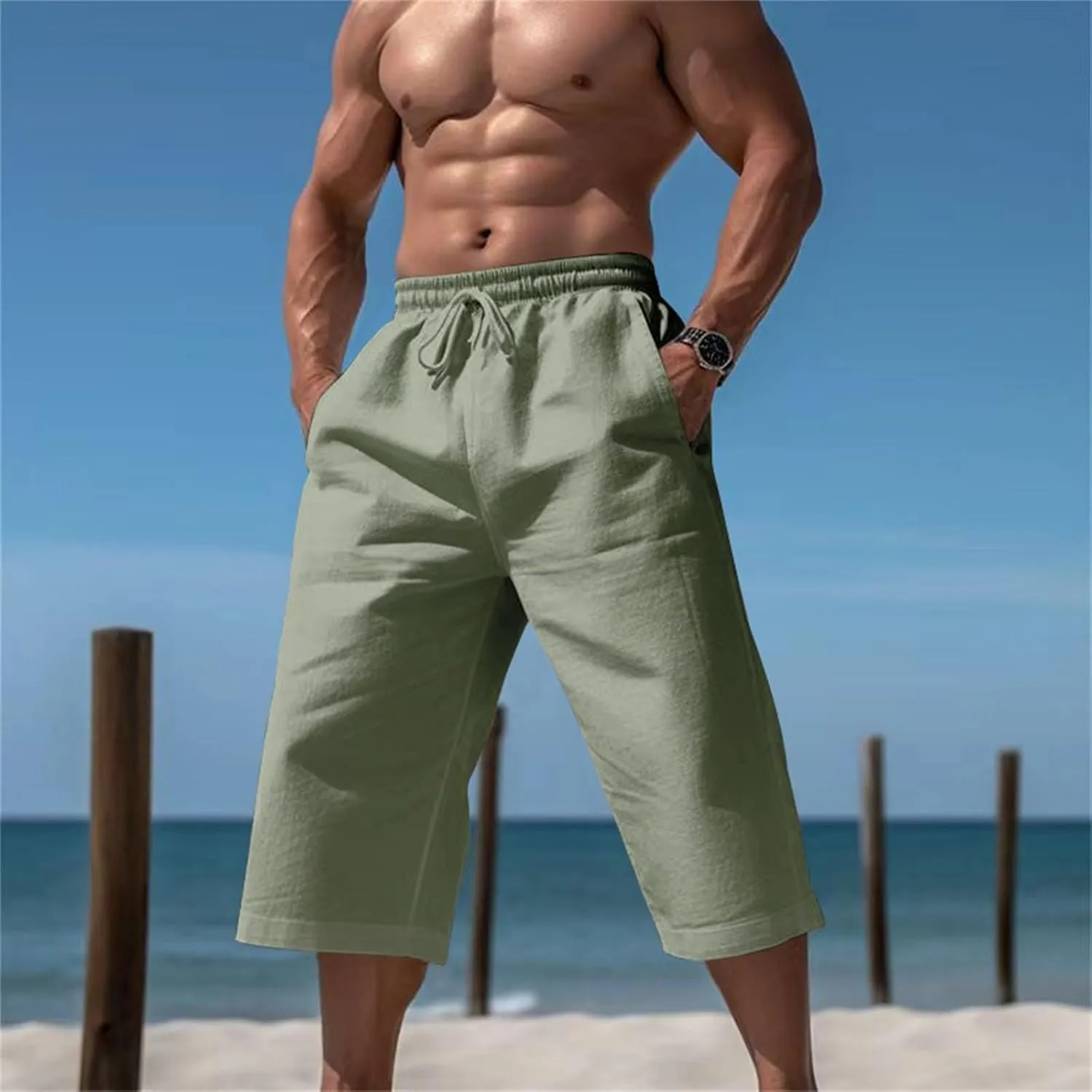 3/4 Summer Wide Leg Linen Capri Pants for Men Loose Fit Elastic Waist Drawstring Baggy Beach Yoga Harem Long Shorts