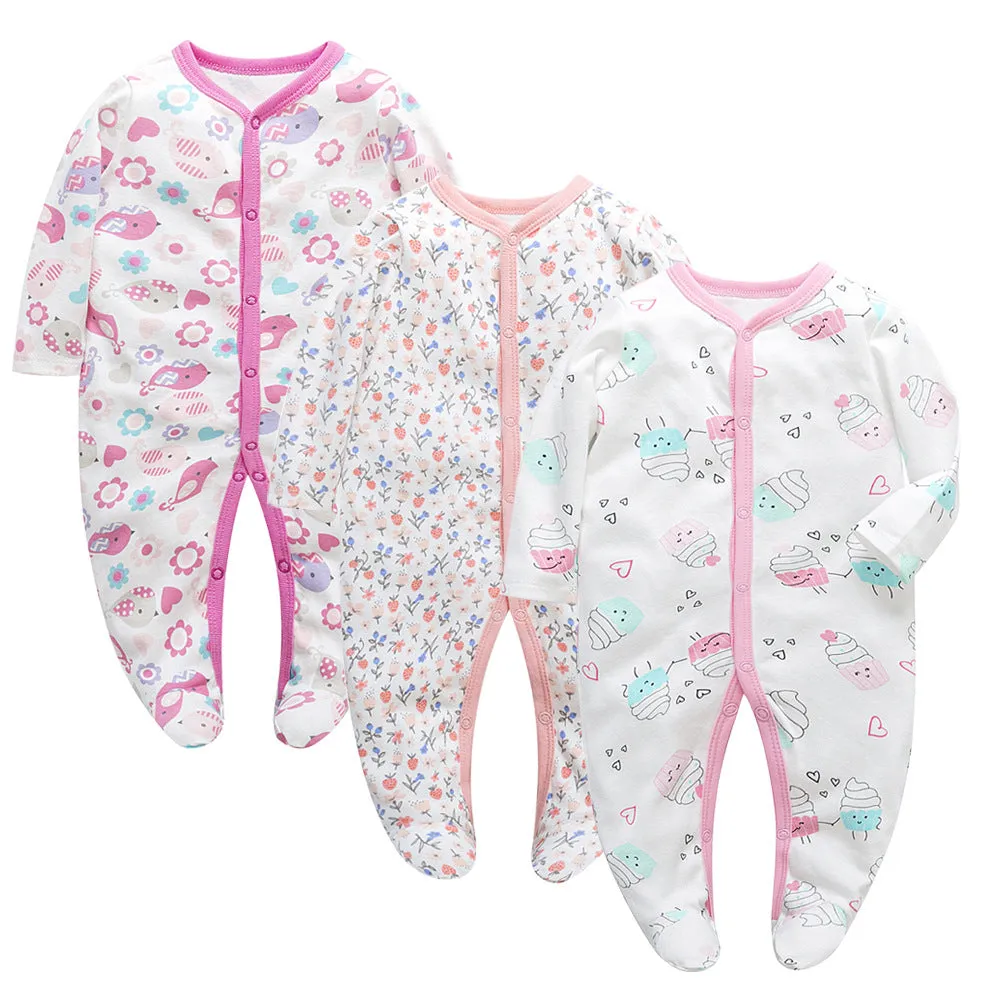 3pk Baby Girl Long Sleeve Footed Onesie