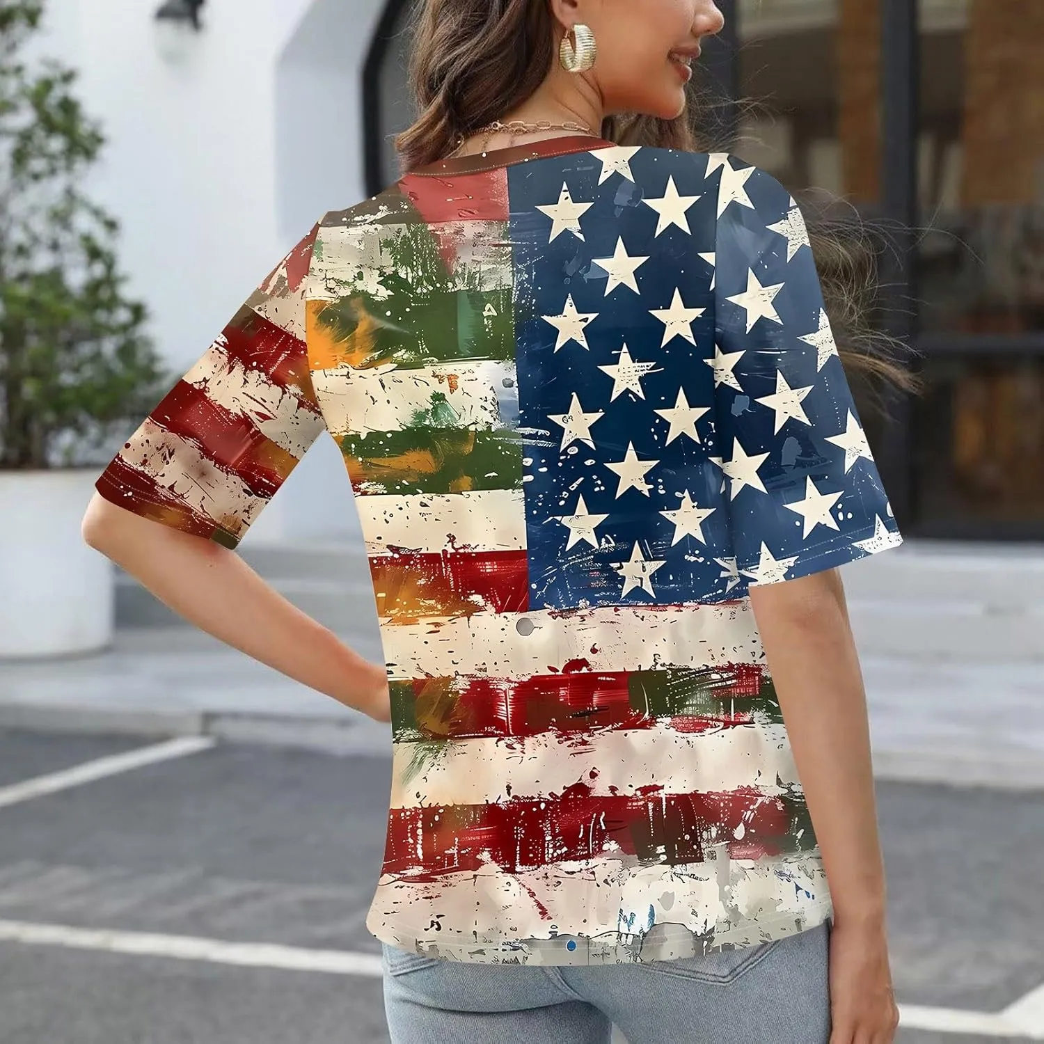 4th of July Patriotic Shirts for Women Half Sleeve American Flag V Neck Tops Trendy Blouses Graphic Clothing