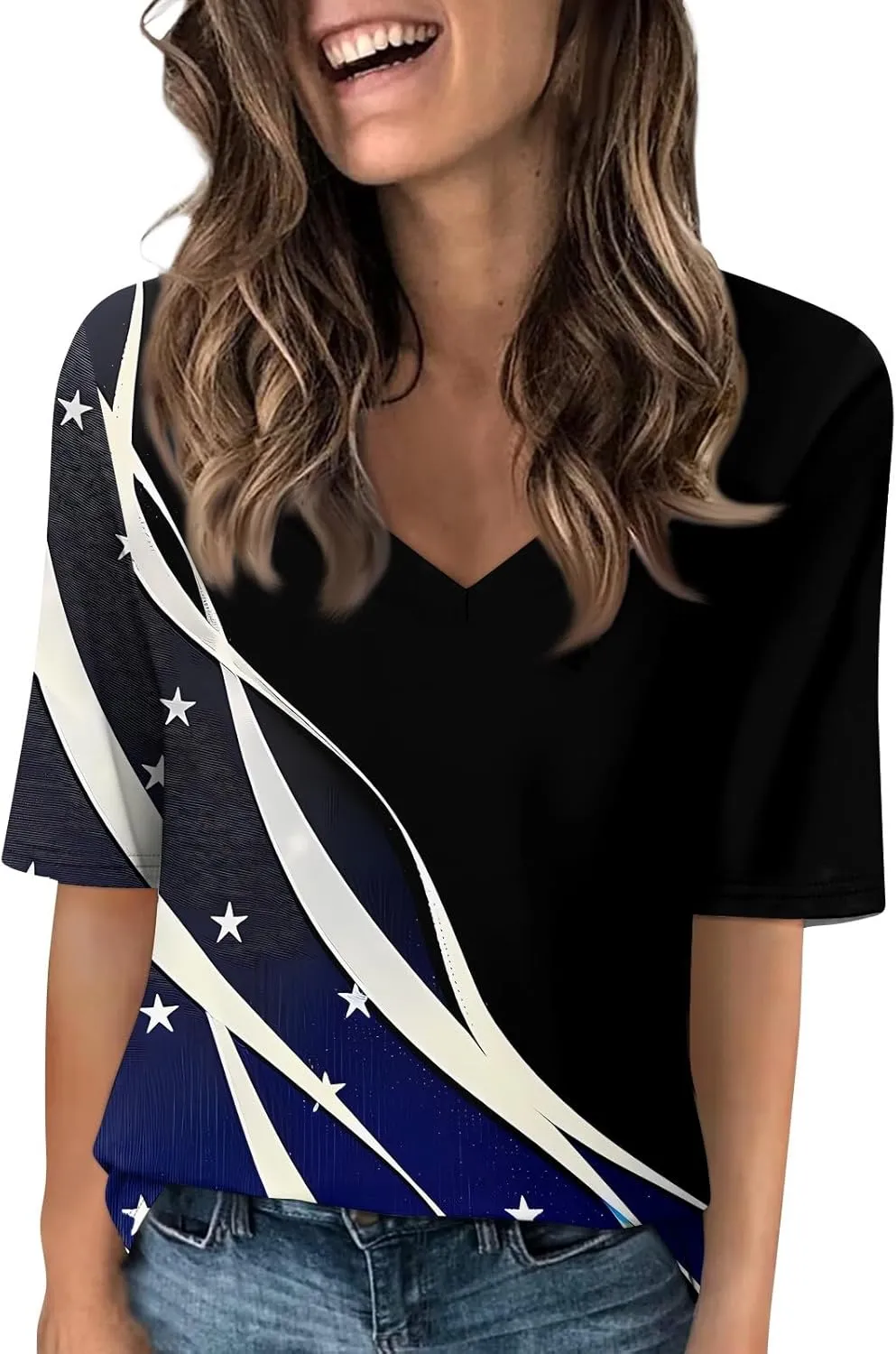 4th of July Patriotic Shirts for Women Half Sleeve American Flag V Neck Tops Trendy Blouses Graphic Clothing